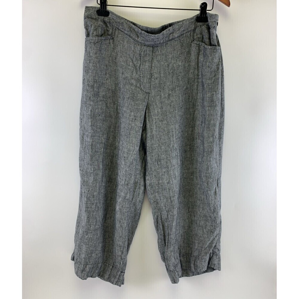 J Jill Lovin Linen Gray Cropped Wide Leg Pants Pockets Side Zip Petite Large
